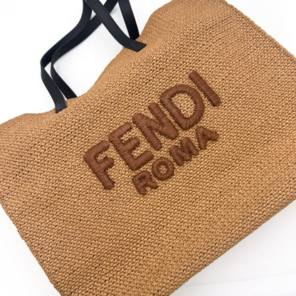 Authentic preloved Fendi Roma raffia oversized tote bag in natural beige Ariel view.