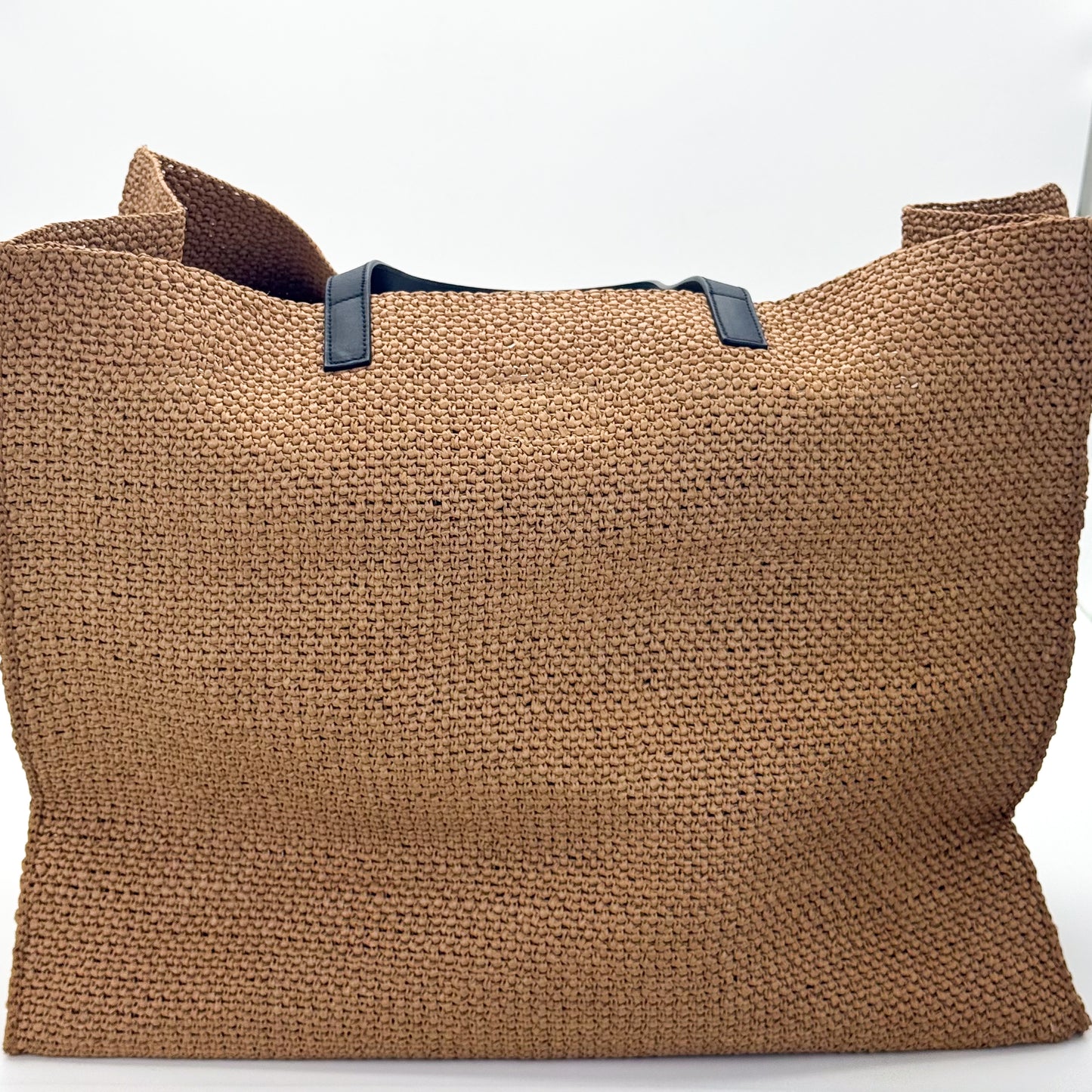 Authentic preloved Fendi Roma raffia oversized tote bag in natural beige back view.