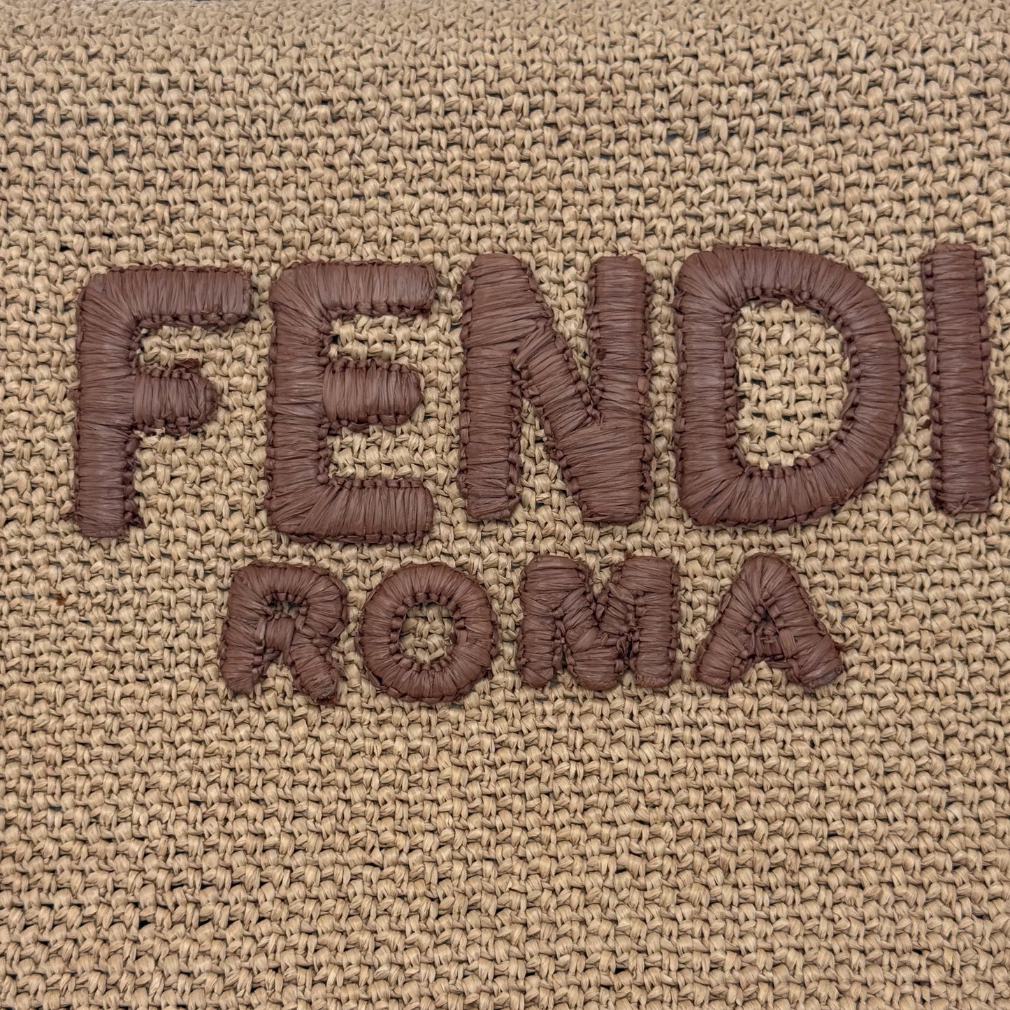 Authentic preloved Fendi Roma raffia oversized tote bag in natural beige with exterior logo embroidery
