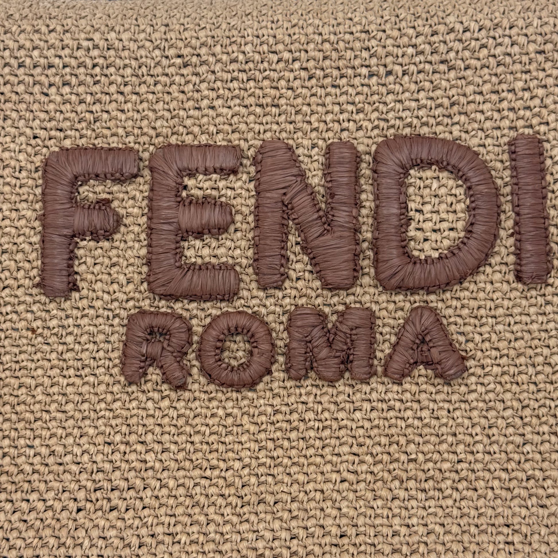 Authentic preloved Fendi Roma raffia oversized tote bag in natural beige with exterior logo embroidery