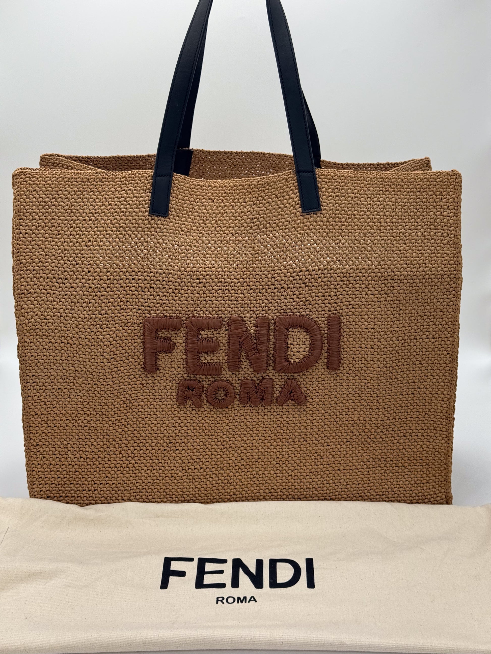 Authentic preloved Fendi Roma raffia oversized tote bag in natural beige with original Fendi dust bag.