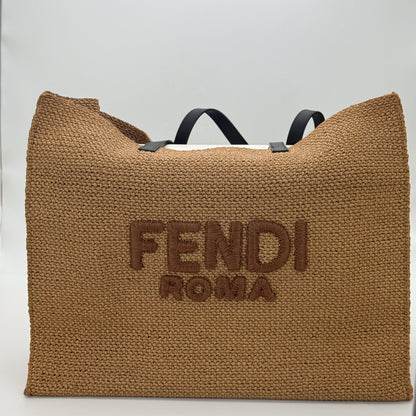 Authentic preloved Fendi Roma raffia oversized tote bag in natural beige with front view.