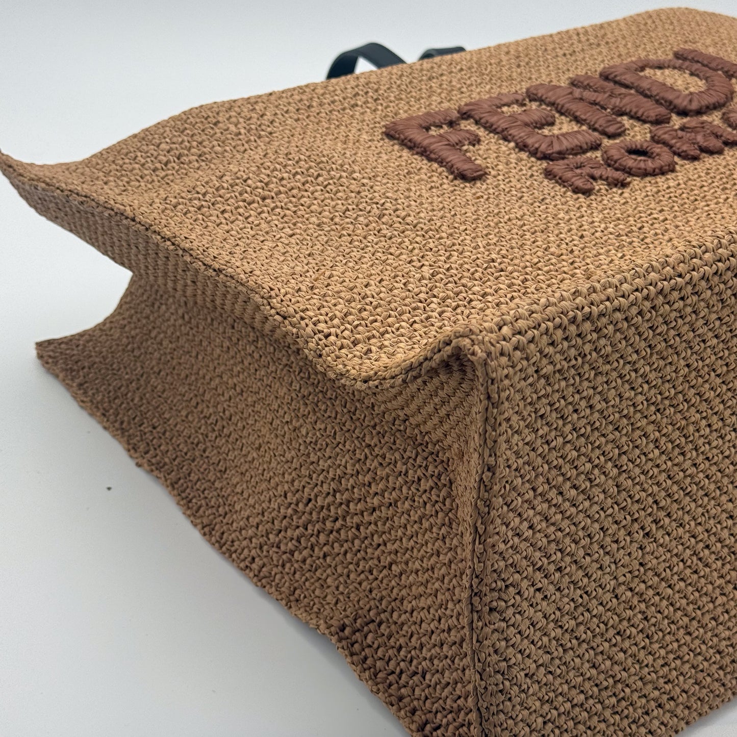 Authentic preloved Fendi Roma raffia oversized tote bag in natural beige with left corner view