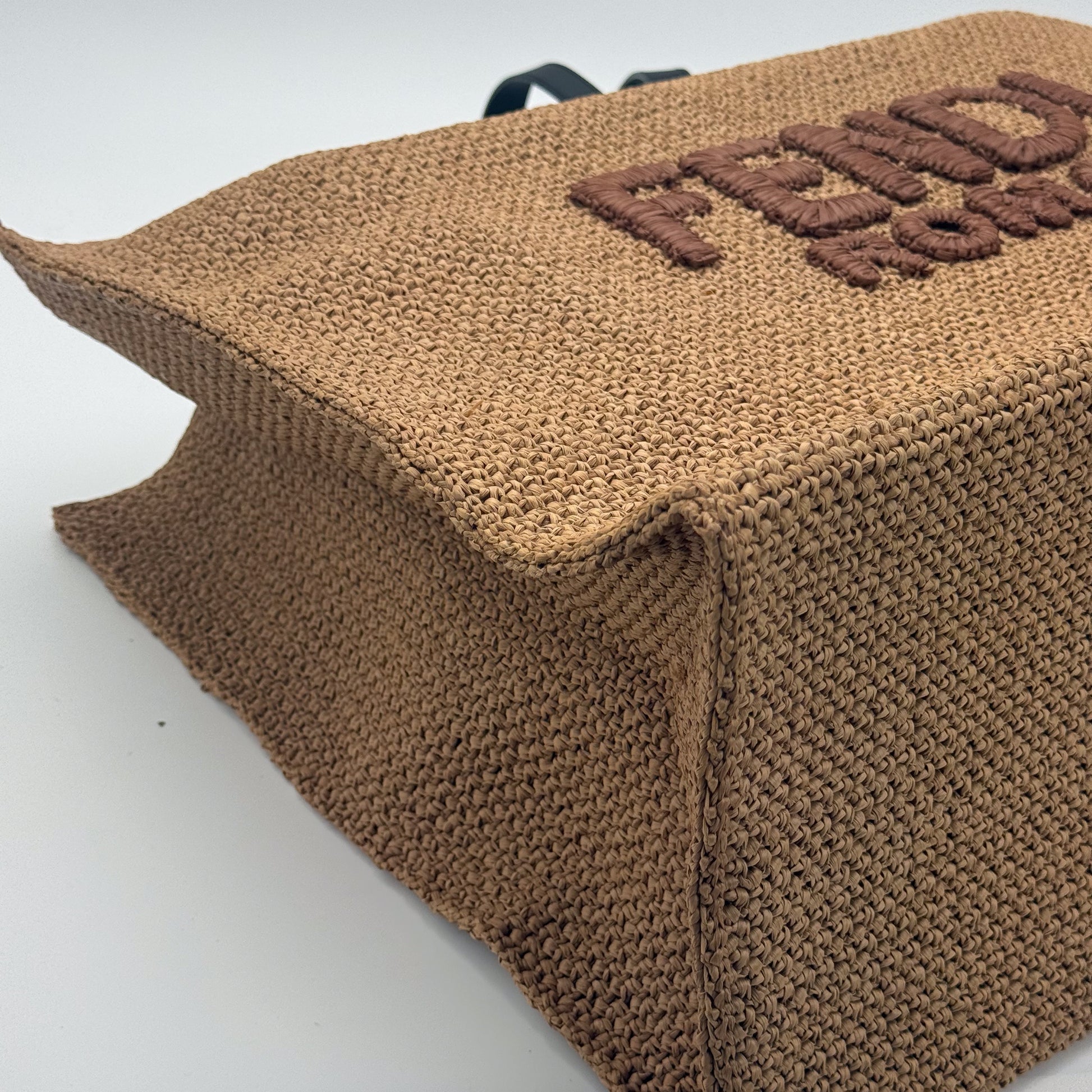 Authentic preloved Fendi Roma raffia oversized tote bag in natural beige with left corner view