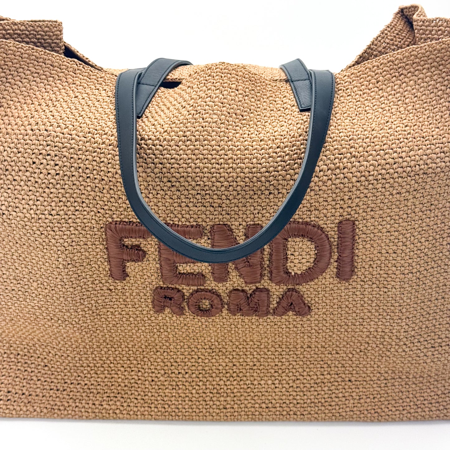 Authentic preloved Fendi Roma raffia oversized tote bag in natural beige with black straps