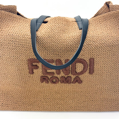 Authentic preloved Fendi Roma raffia oversized tote bag in natural beige with black straps