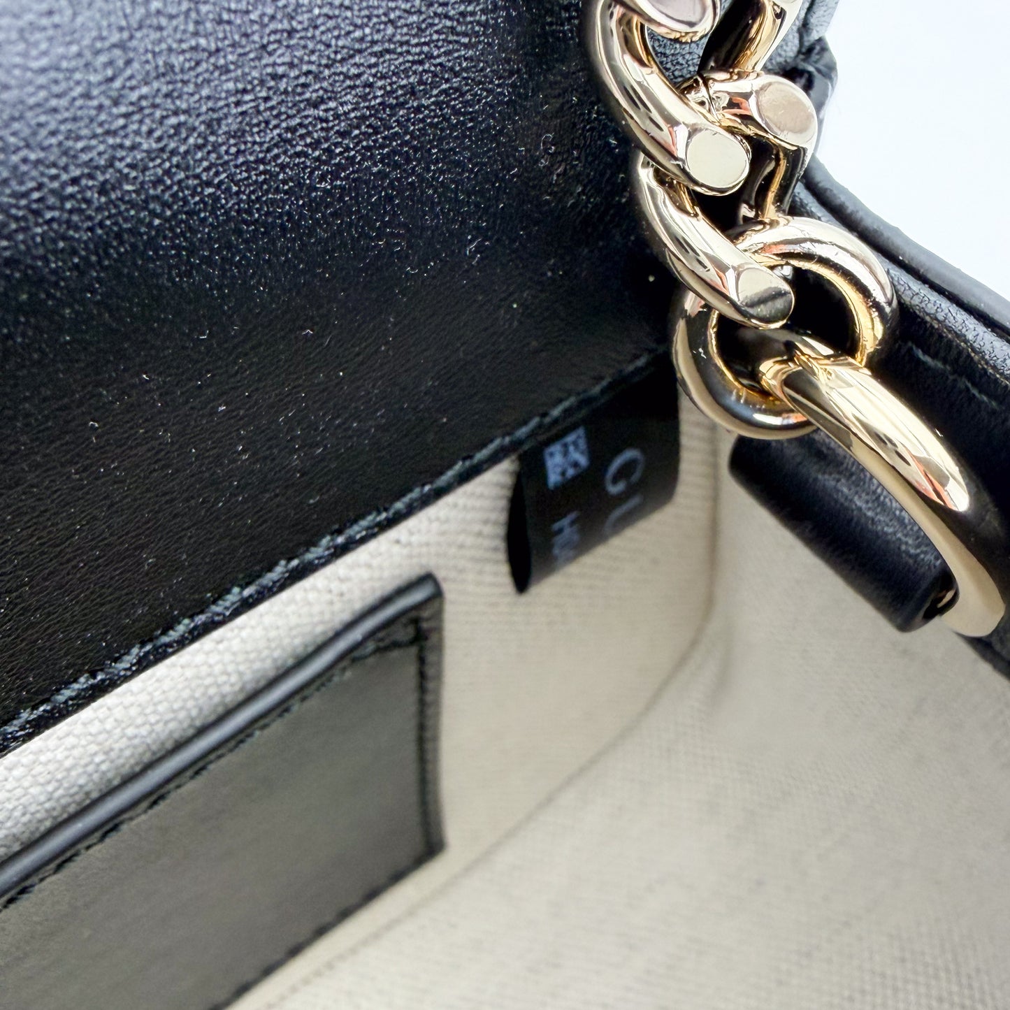 Gucci Blondie bag interior view showing cotton-linen lining and chain