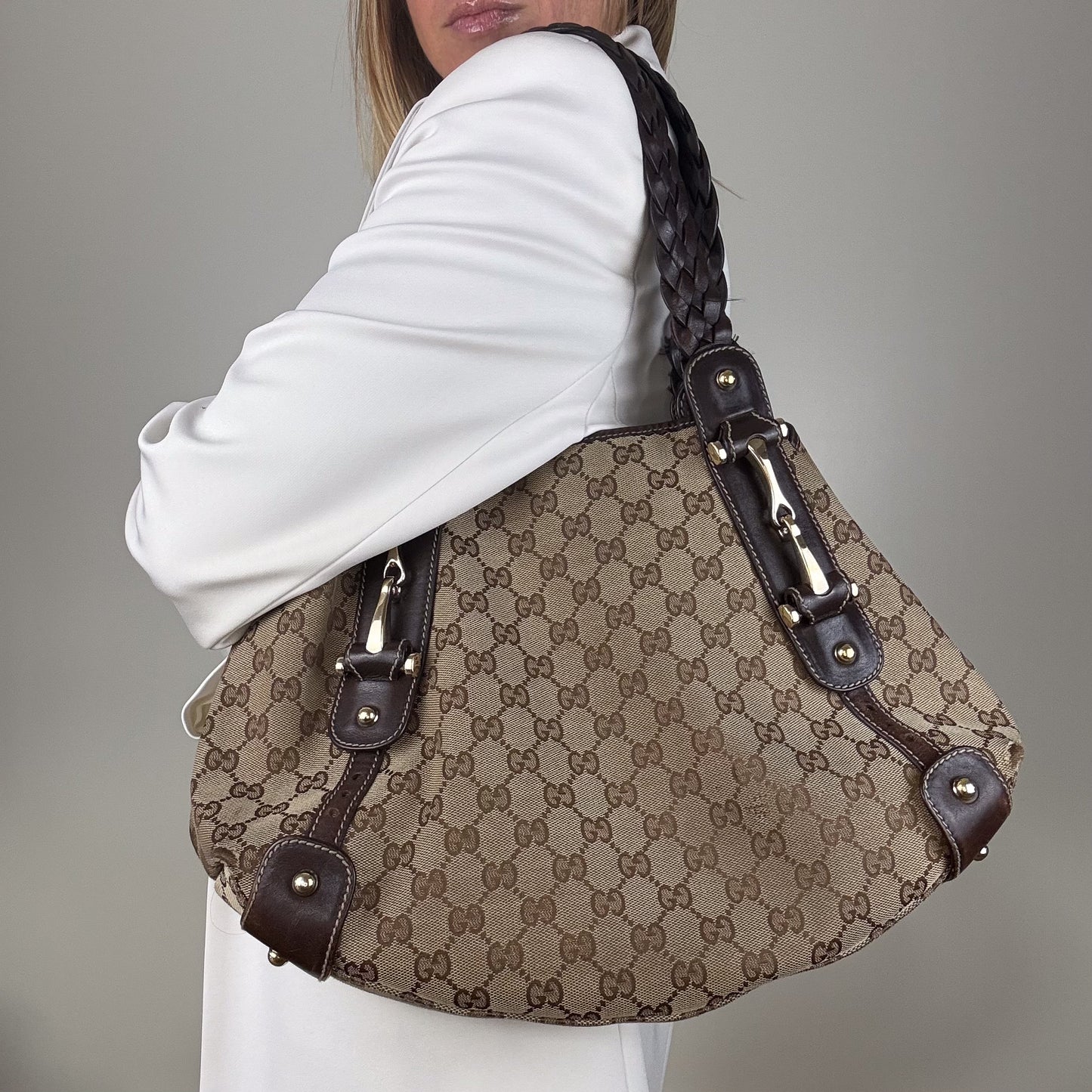 Gucci Hobo Horsebit Shoulder Bag in GG Supreme Canvas