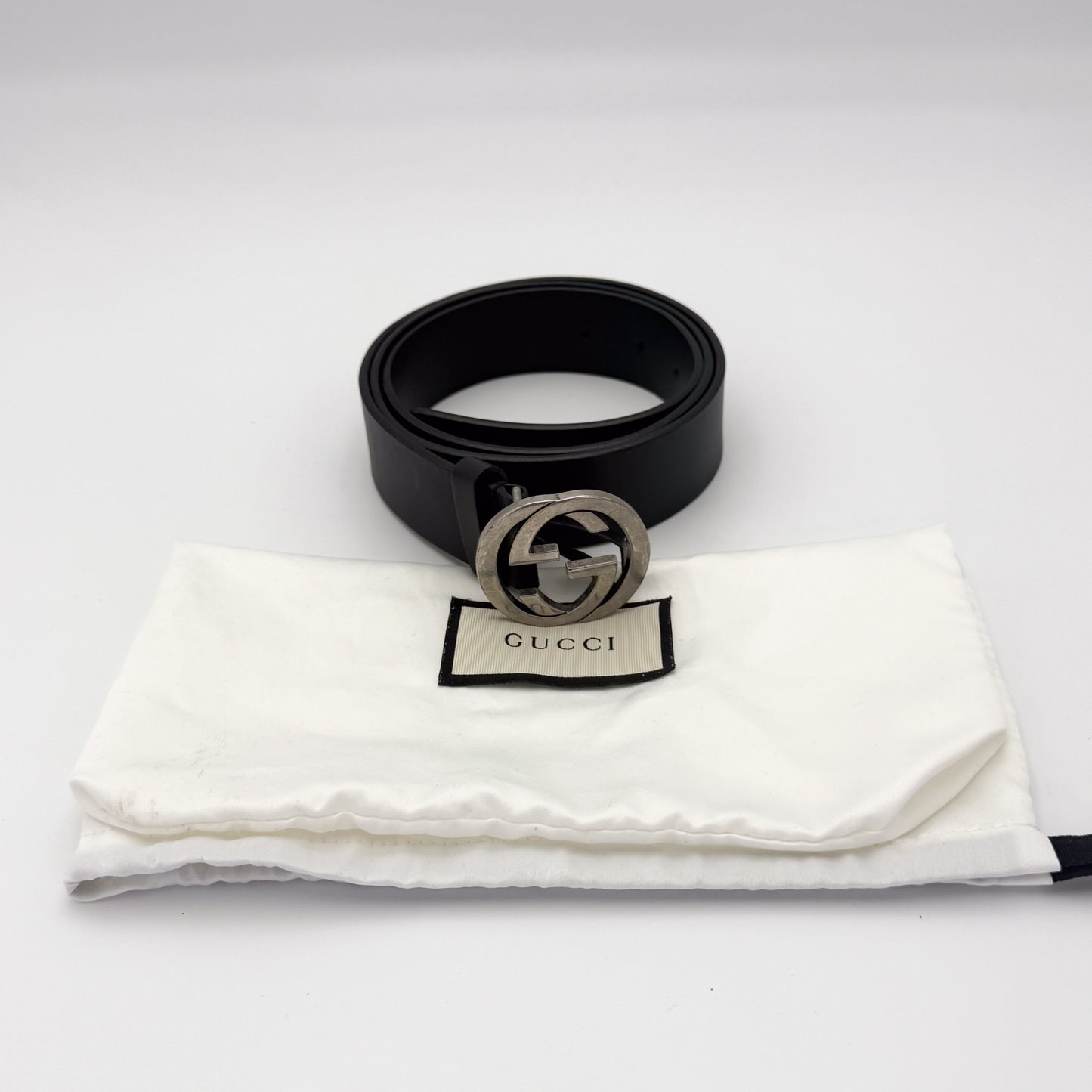 Gucci Black Leather GG Belt with Silver Hardware