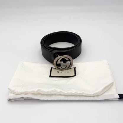 Gucci Black Leather GG Belt with Silver Hardware