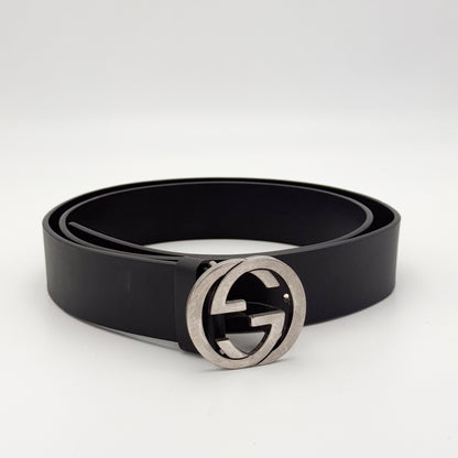 Gucci Black Leather GG Belt with Silver Hardware