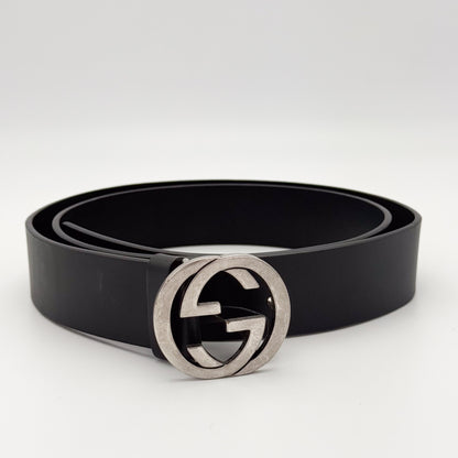 Gucci Black Leather GG Belt with Silver Hardware