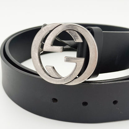 Gucci Black Leather GG Belt with Silver Hardware