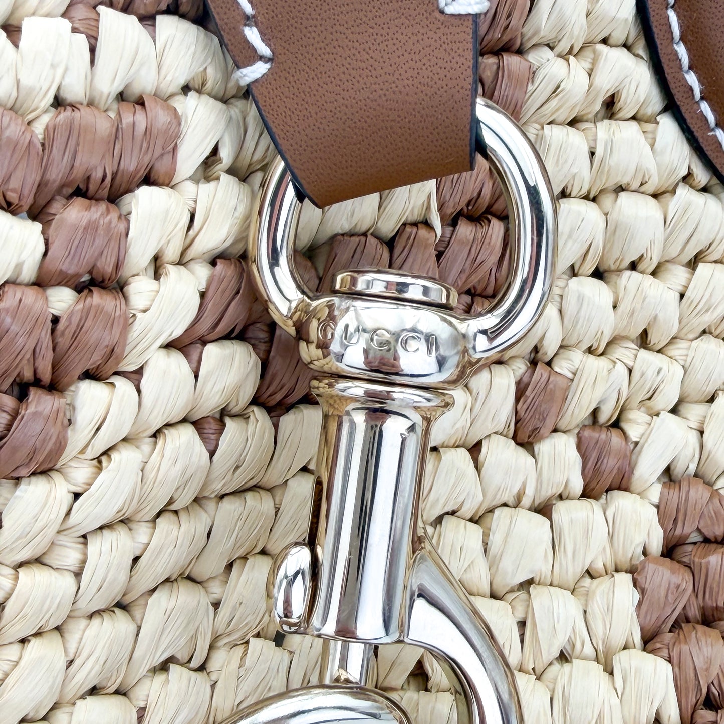 Brand new Gucci raffia tote hardware with engraved brand name