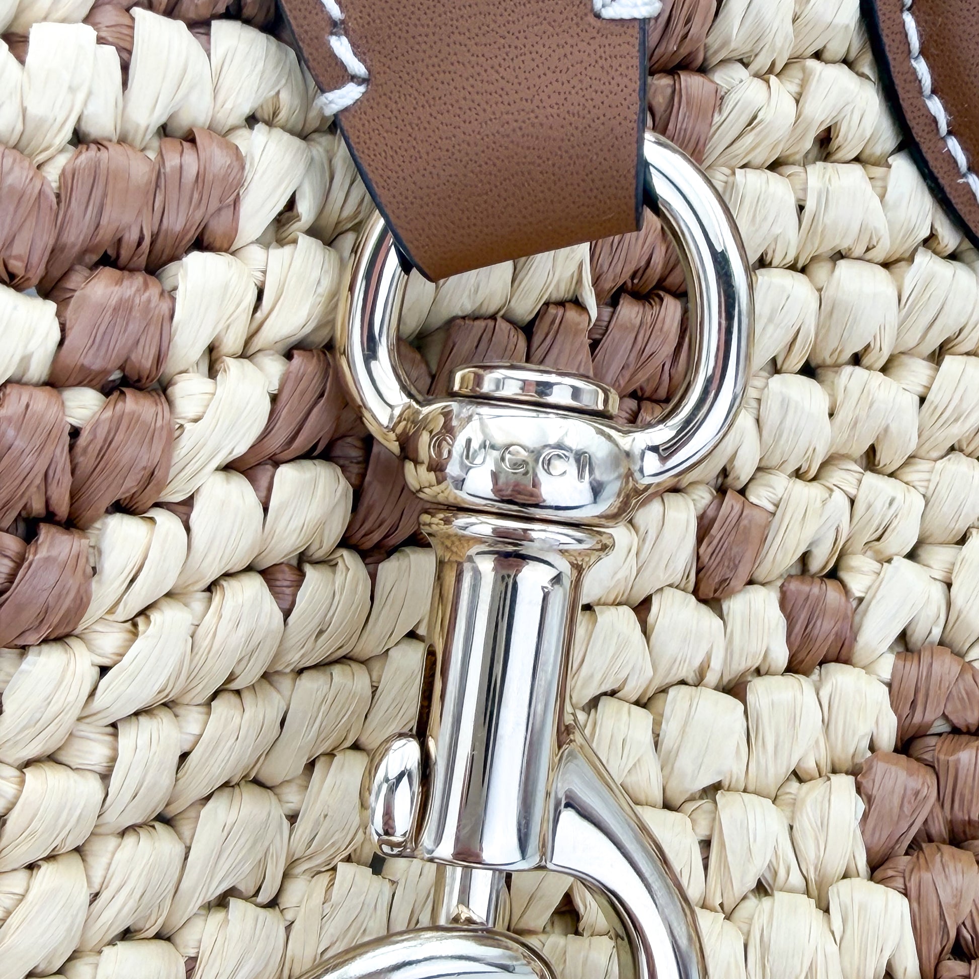 Brand new Gucci raffia tote hardware with engraved brand name