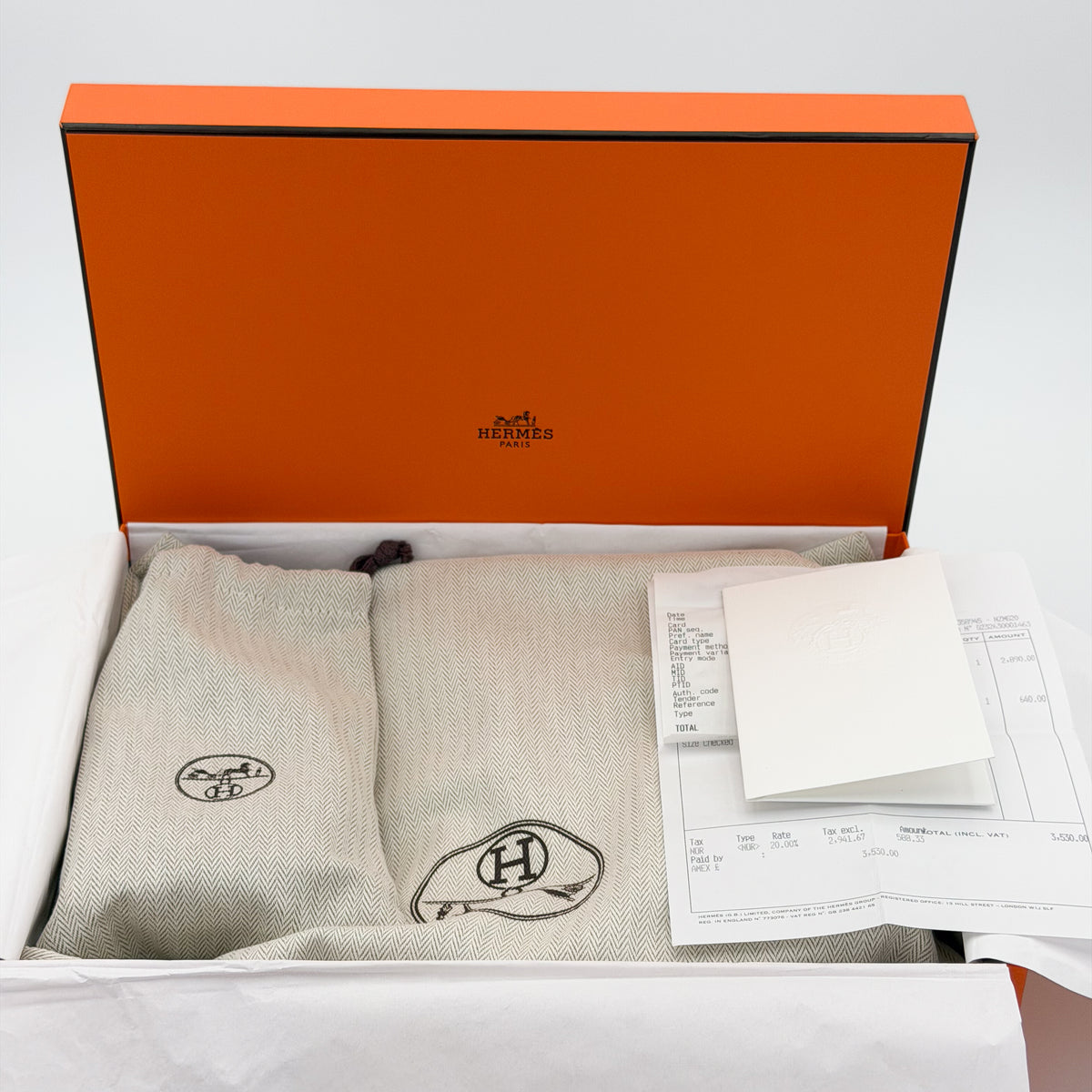 Original Hermès receipt and packaging for Evelyne III 23, Étoupe