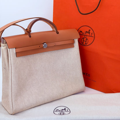 Hermès Écru Toile H & Natural Vache Hunter Herbag Messenger 39 (RRP £3,400) | Authentic Preloved