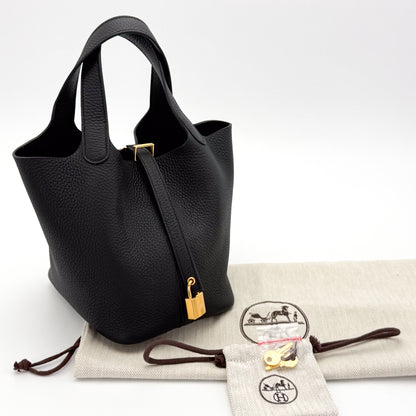 Brand New Hermès Picotin 18 Lock in Black Clemence Leather with gold hardware, lock, key and packaging.