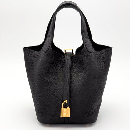 Brand New Hermès Picotin 18 Lock in Noir Clemence Leather and Gold Tone Hardware