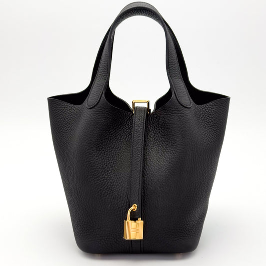 Brand New Hermès Picotin 18 Lock in Noir Clemence Leather and Gold Tone Hardware