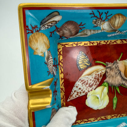 Hermès Flowers Seashells Print Ashtray Change Tray Porcelain Gold