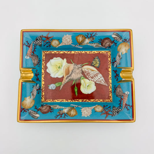 Hermès Flowers Seashells Print Ashtray Change Tray Porcelain Gold