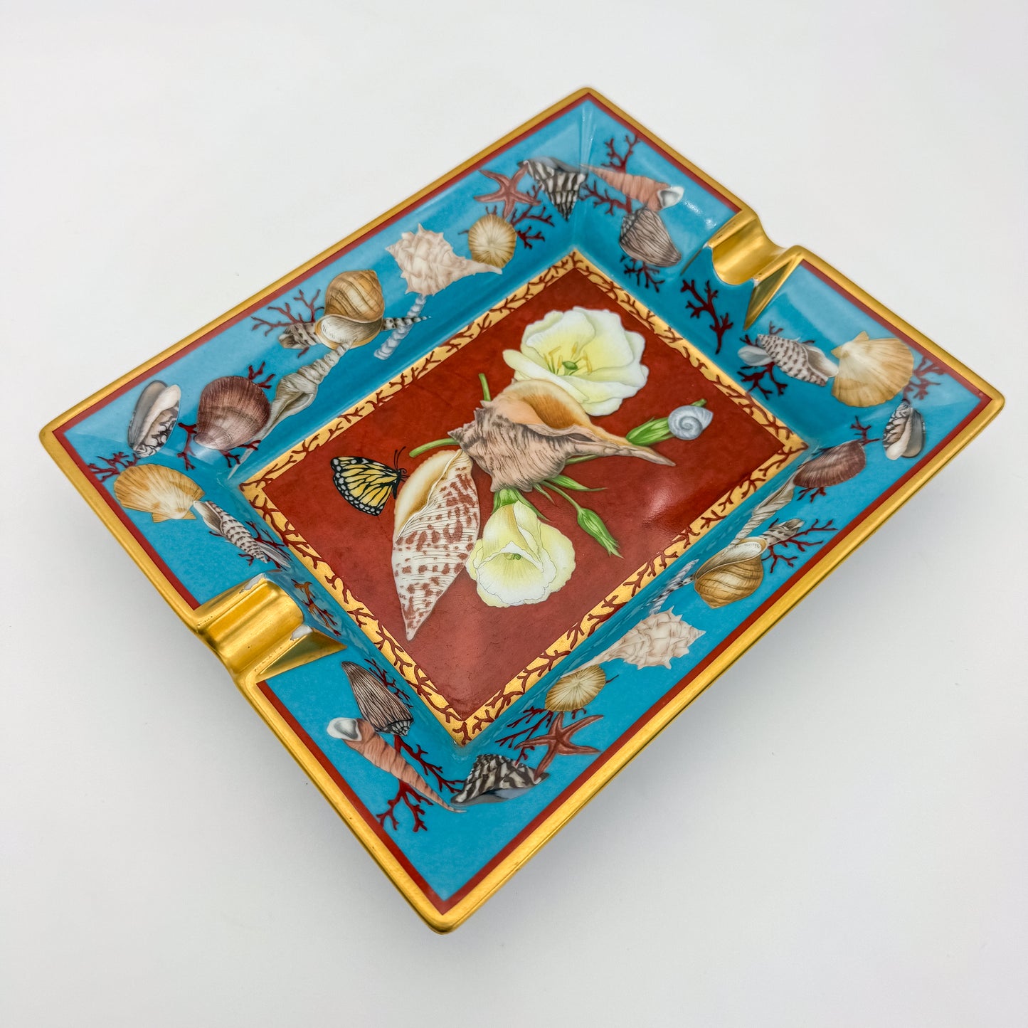 Hermès Flowers Seashells Print Ashtray Change Tray Porcelain Gold
