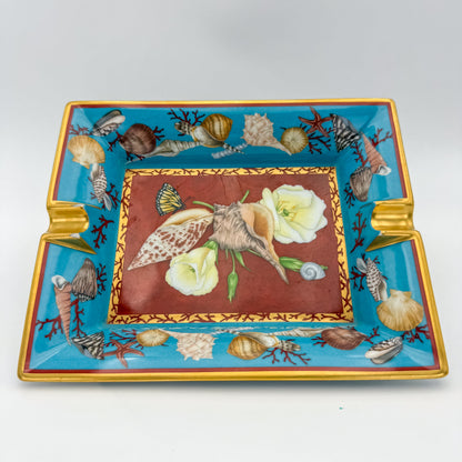 Hermès Flowers Seashells Print Ashtray Change Tray Porcelain Gold