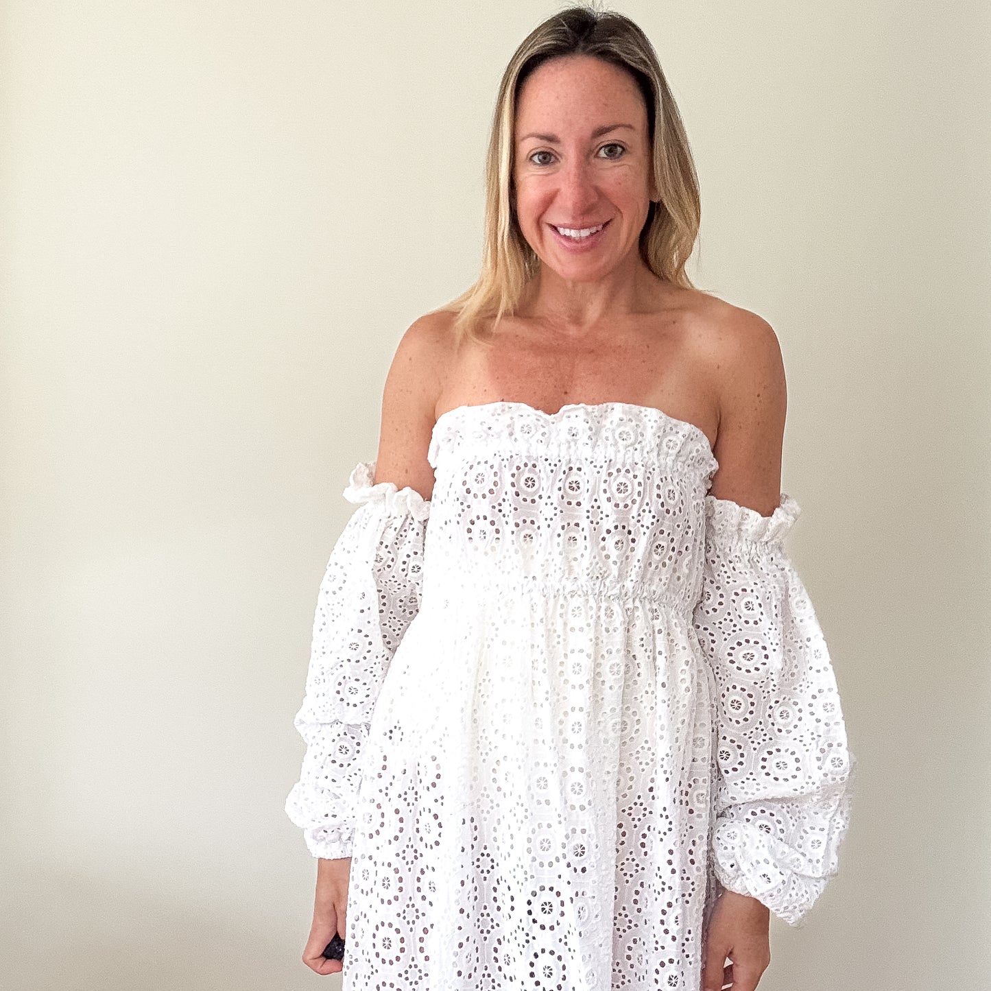 Karen Millen White Cotton Broderie Bardot Maxi Dress - Size S