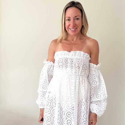 Karen Millen White Cotton Broderie Bardot Maxi Dress - Size S