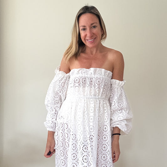 Karen Millen White Cotton Broderie Bardot Maxi Dress - Size S