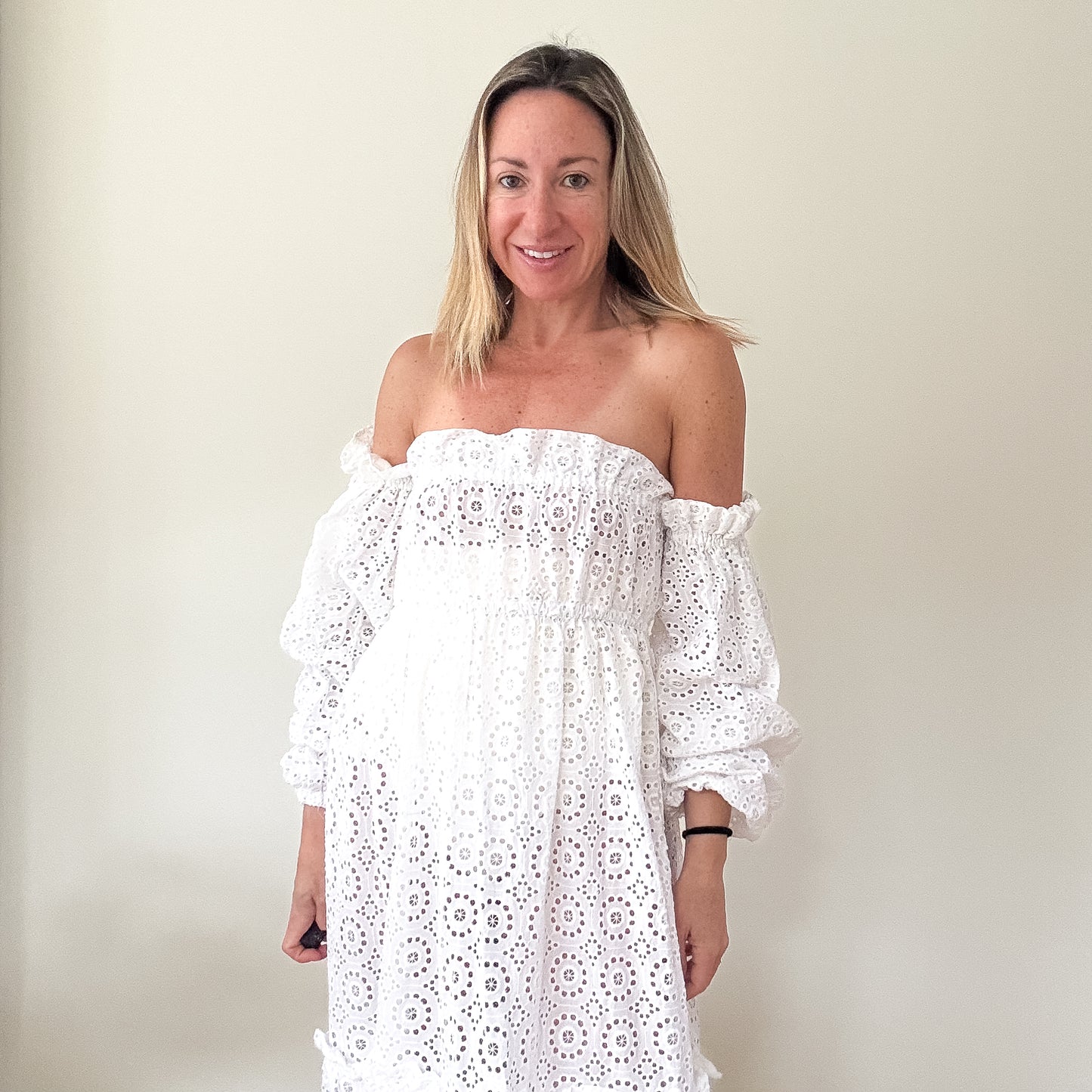 Karen Millen White Cotton Broderie Bardot Maxi Dress - Size S