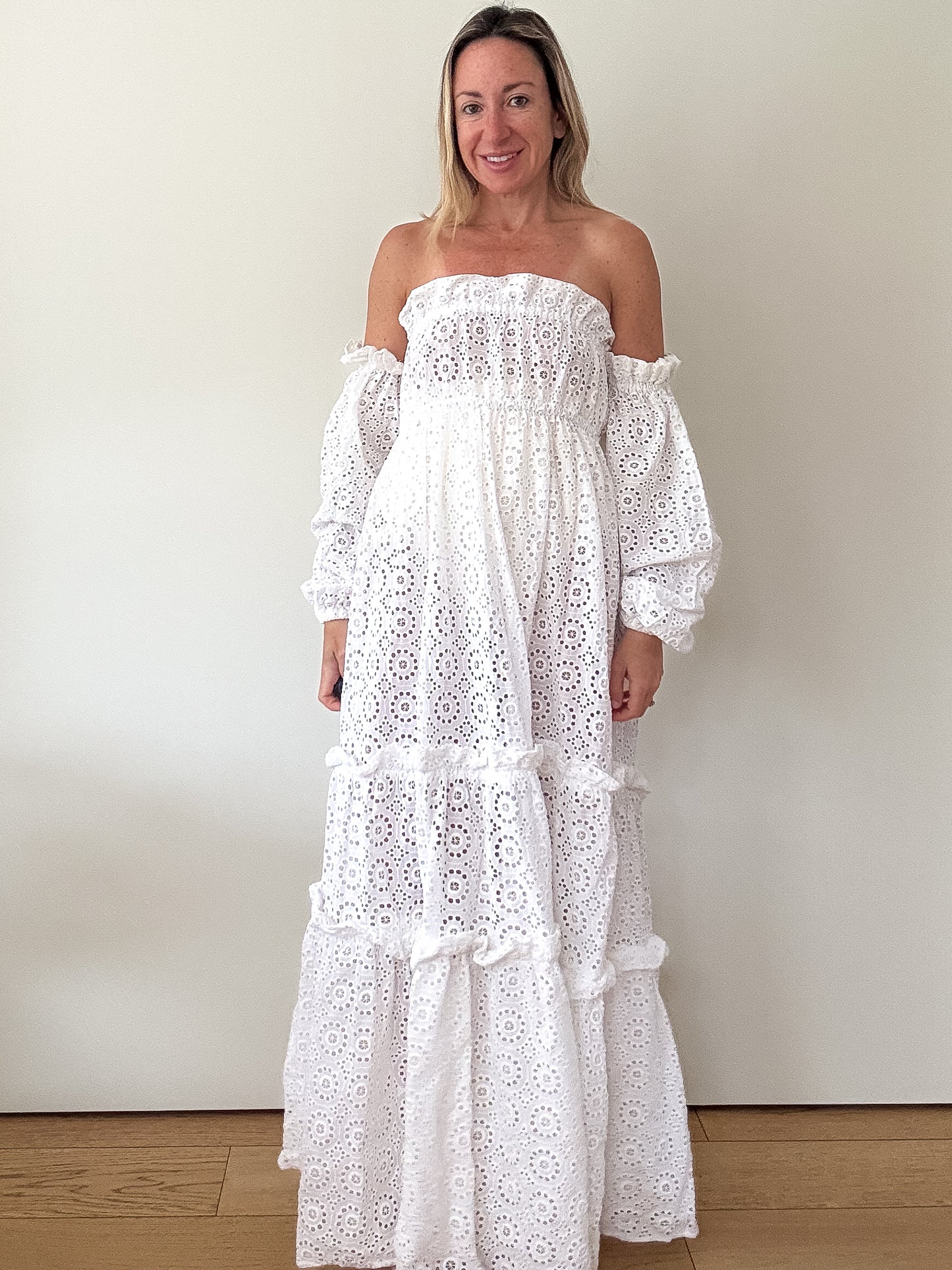 Karen Millen White Cotton Broderie Bardot Maxi Dress - Size S