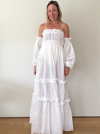 Karen Millen White Cotton Broderie Bardot Maxi Dress - Size S