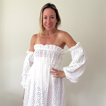 Karen Millen White Cotton Broderie Bardot Maxi Dress - Size S