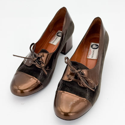 Lanvin Bronze and Brown Suede Block Heel Pumps -  Size 37.5