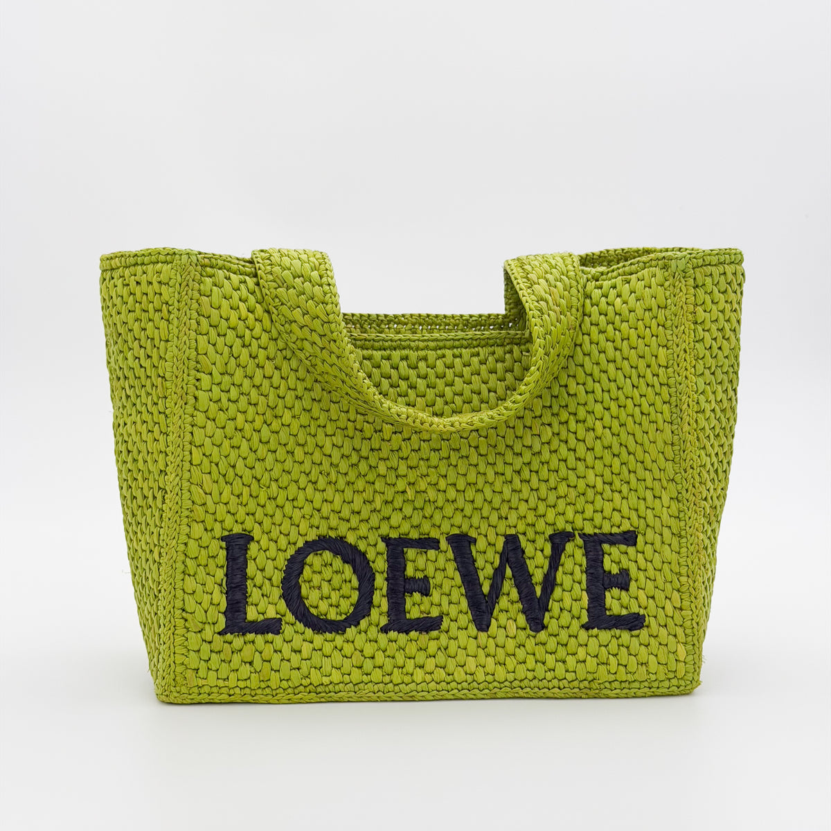 Loewe Font Tote green raffia bag front view