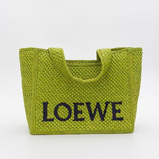 Loewe Font Tote green raffia bag front view