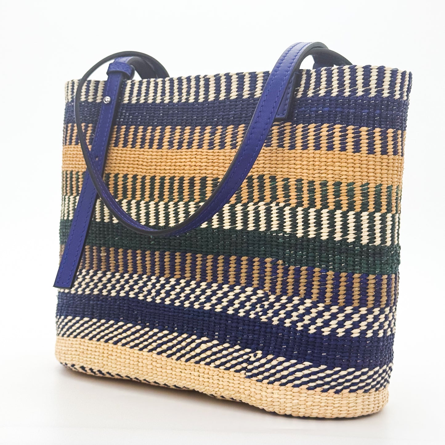 Loewe x Paula's Ibiza Square Basket Bag in striped raffia with cobalt blue leather handles — back view