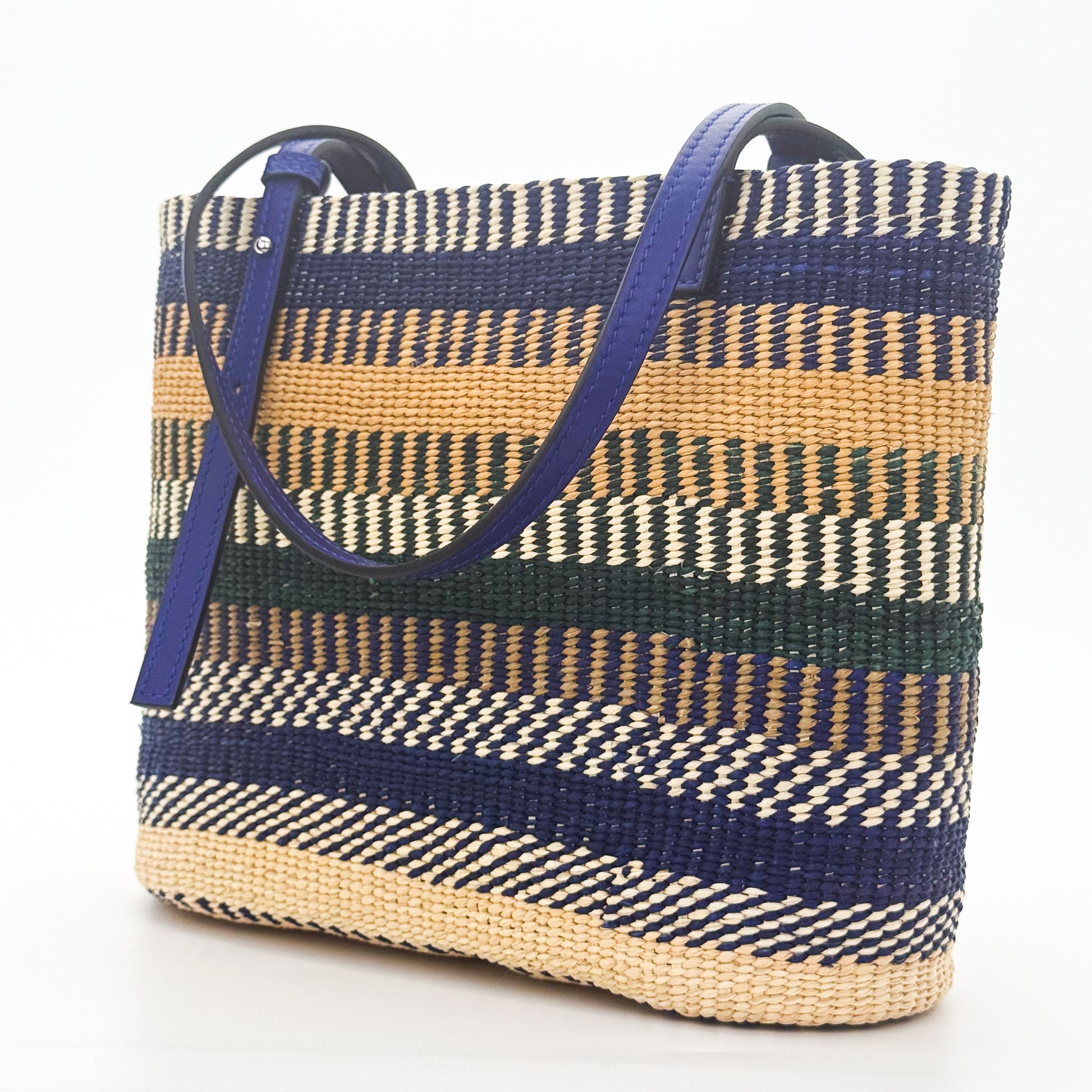 Loewe x Paula's Ibiza Square Basket Bag in striped raffia with cobalt blue leather handles — back view