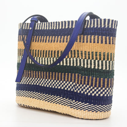 Loewe x Paula's Ibiza Square Basket Bag in striped raffia with cobalt blue leather handles — back view