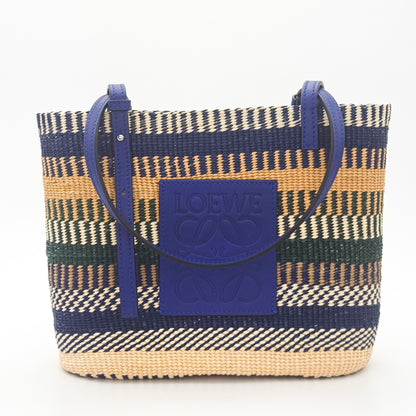 Loewe x Paula's Ibiza Square Basket Bag in striped raffia with cobalt blue leather handles — front view
