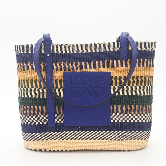Loewe x Paula's Ibiza Square Basket Bag in striped raffia with cobalt blue leather handles — front view