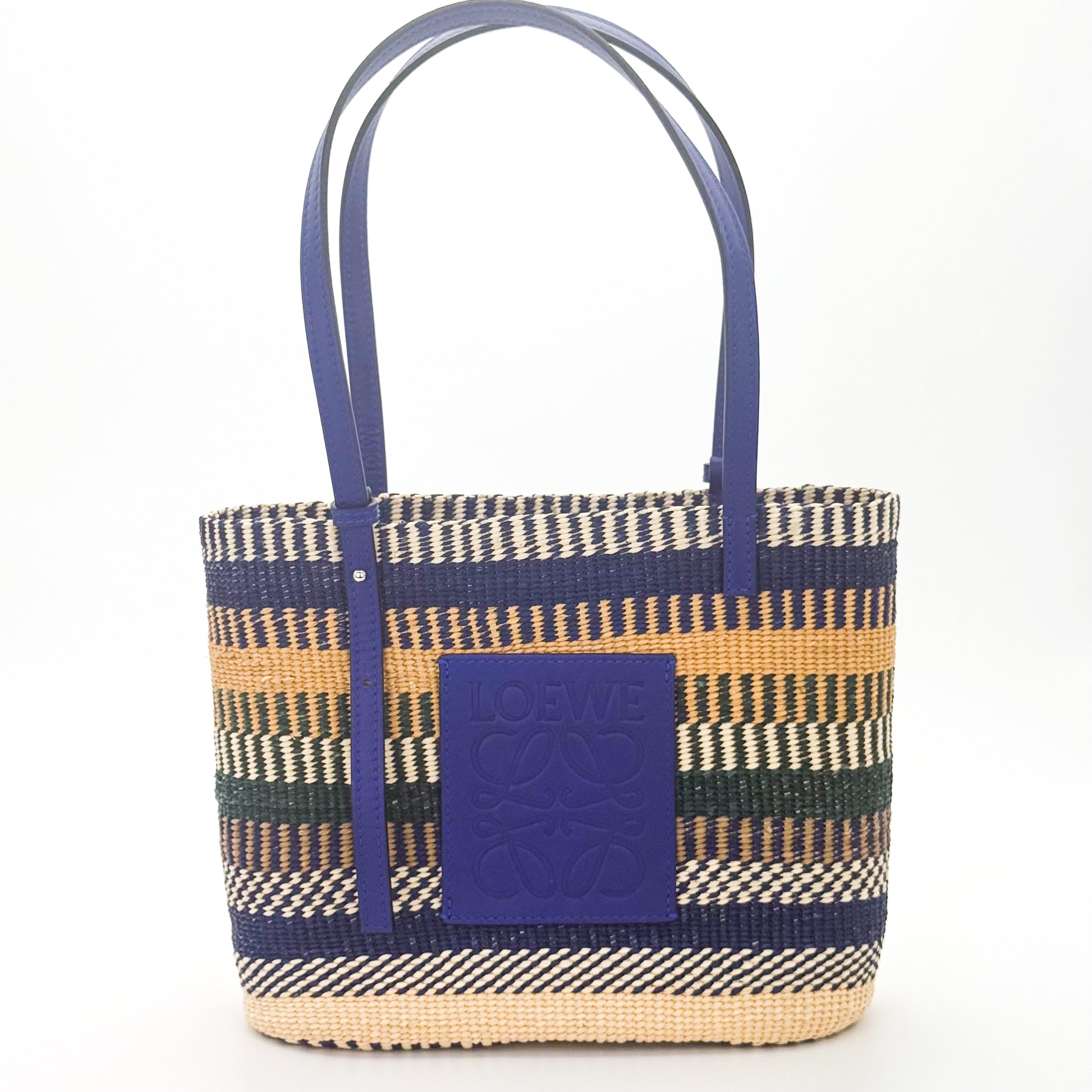 Loewe x Paula's Ibiza Square Basket Bag in striped raffia with cobalt blue leather handles 