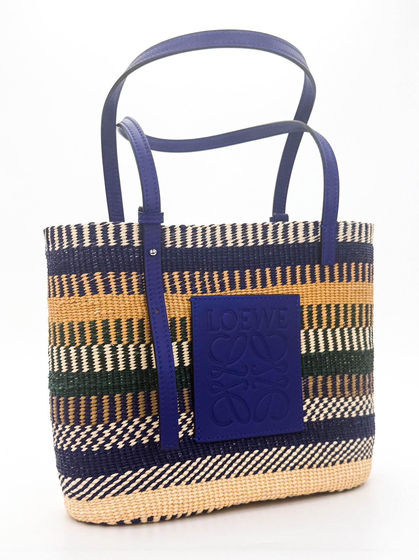 Loewe x Paula's Ibiza Square Basket Bag in striped raffia with cobalt blue leather handles — with upright handles
