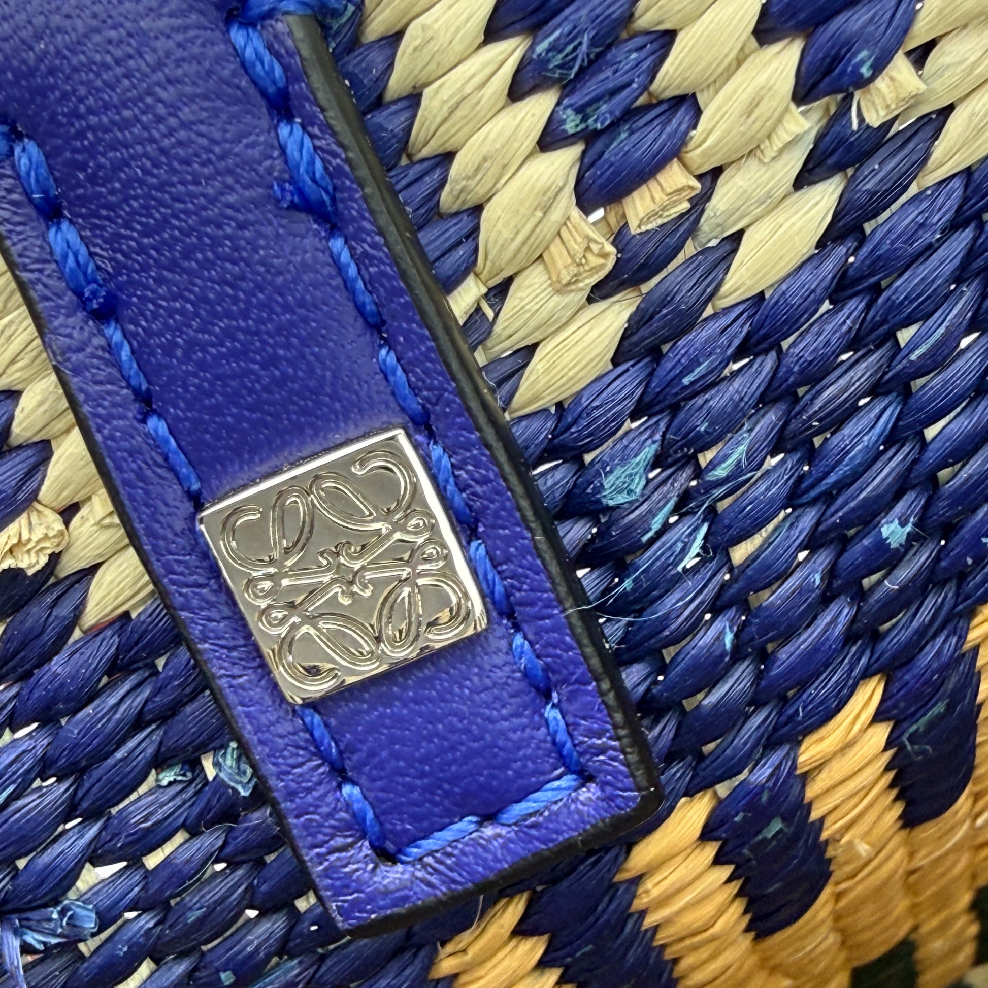 Loewe x Paula's Ibiza Square Basket Bag in striped raffia with cobalt blue leather handles — hardware logo detail