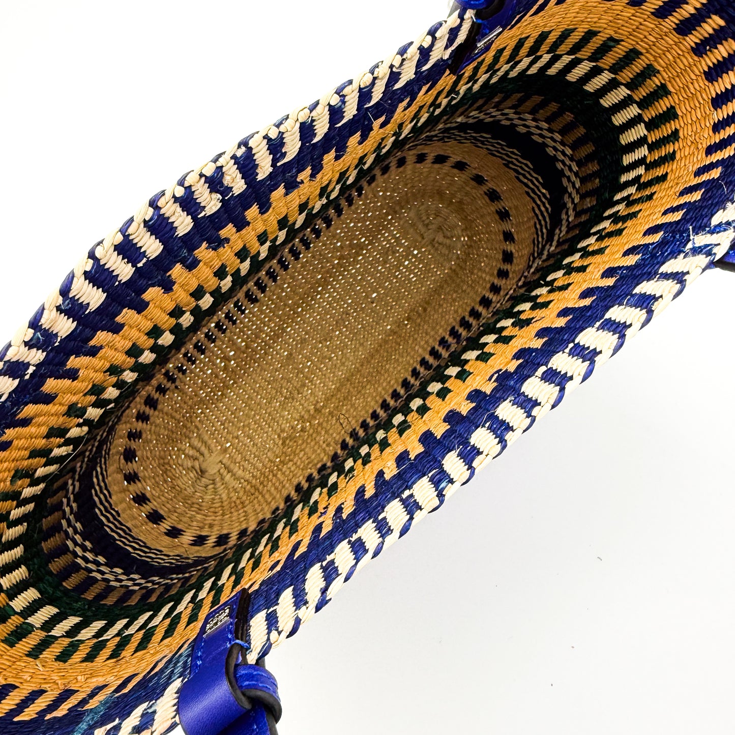 Loewe x Paula's Ibiza Square Basket Bag in striped raffia with cobalt blue leather handles — interior view