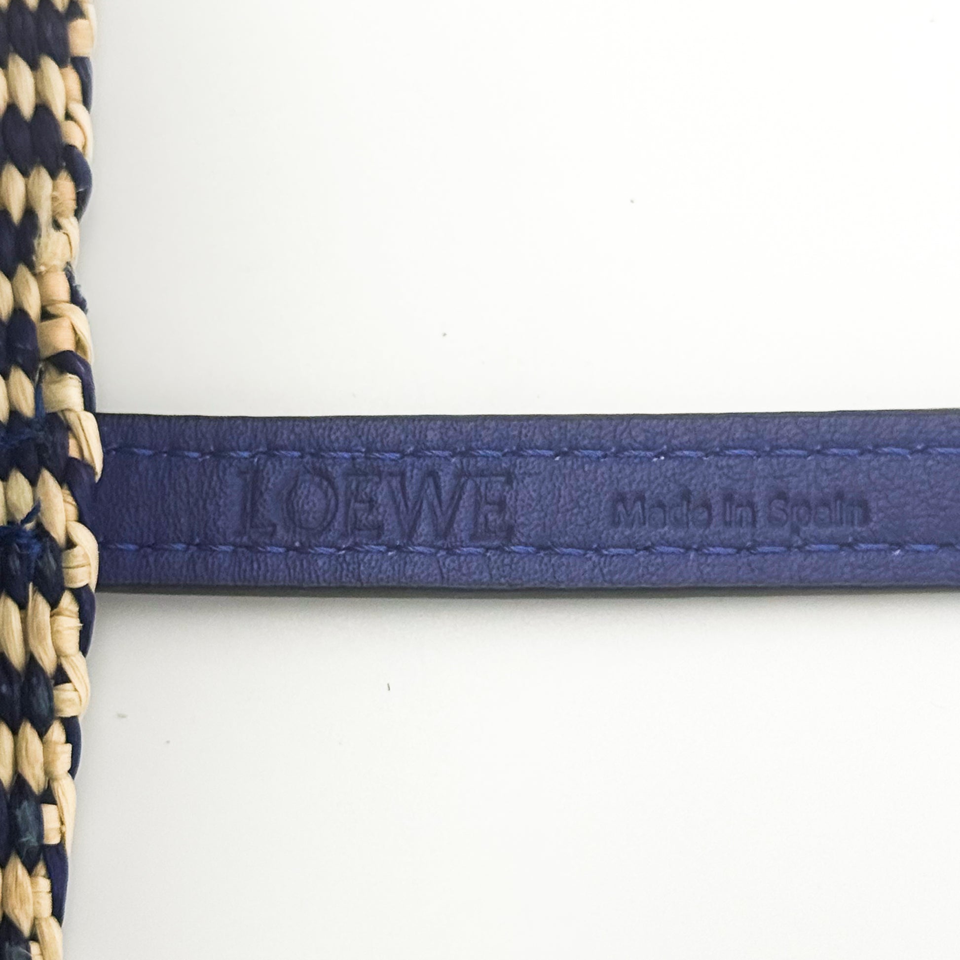 Loewe x Paula's Ibiza Square Basket Bag in striped raffia with cobalt blue leather handles — brand stamp