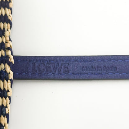 Loewe x Paula's Ibiza Square Basket Bag in striped raffia with cobalt blue leather handles — brand stamp