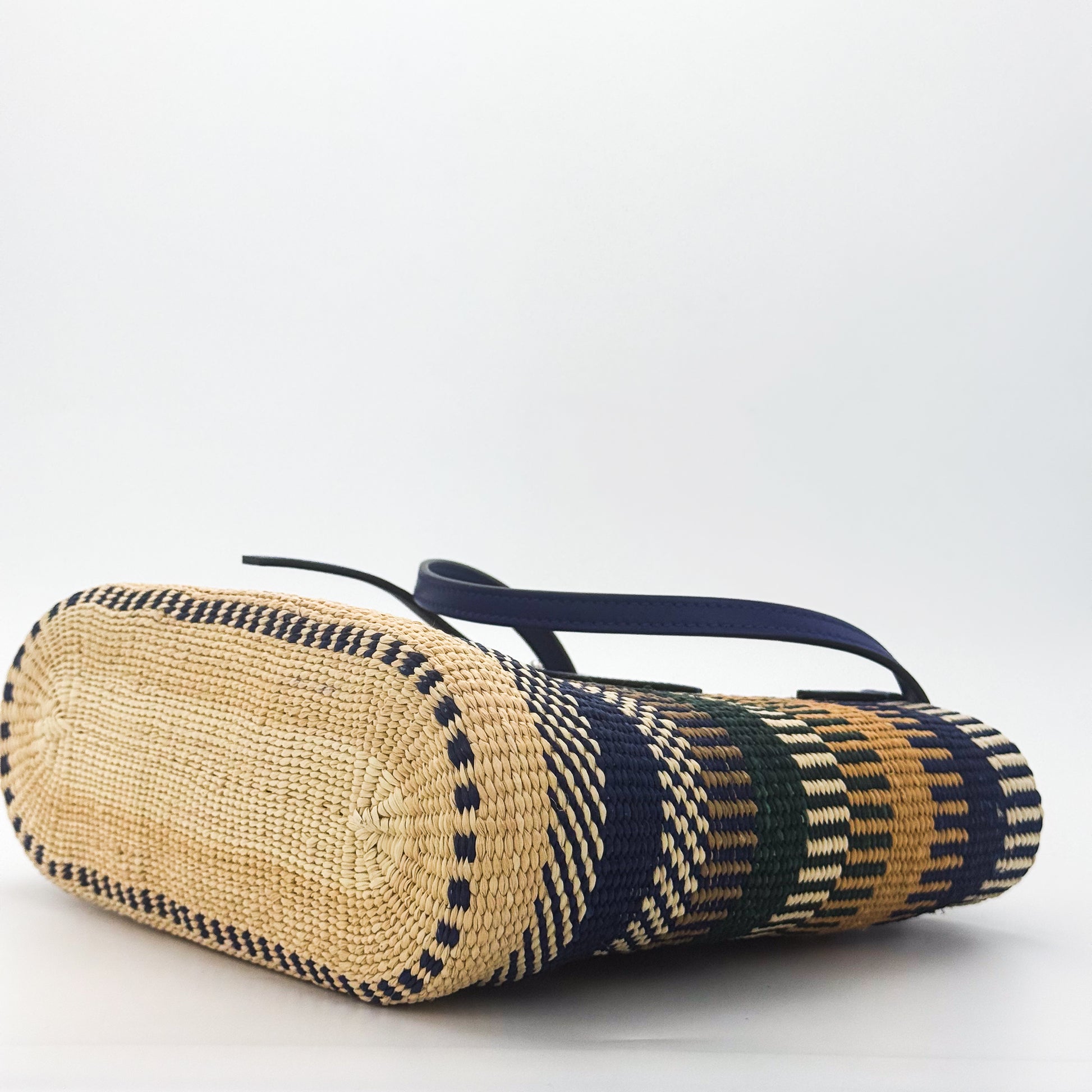 Loewe x Paula's Ibiza Square Basket Bag in striped raffia with cobalt blue leather handles — right side view